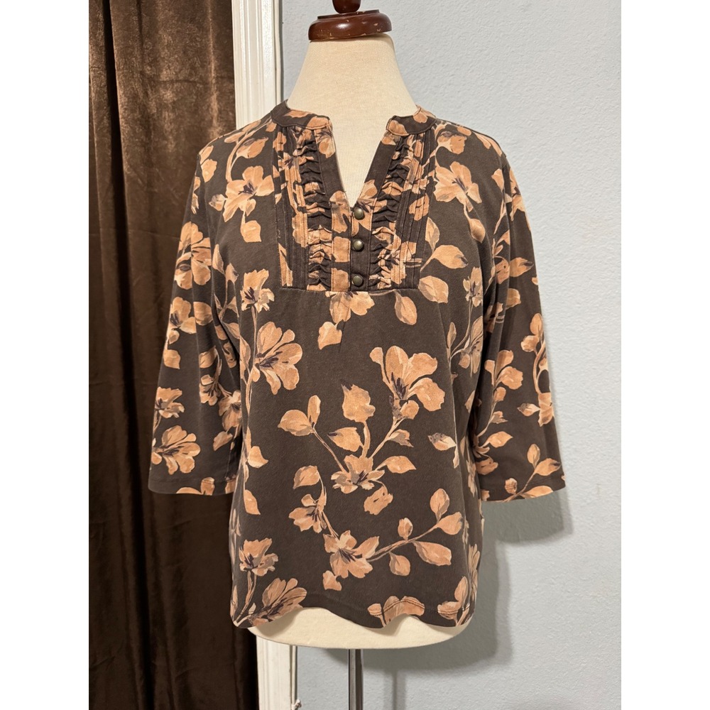 Croft & Barrow‎ Womens Top XL 100% Cotton Brown Floral Ruffle V-Neck 3/4 Sleeve